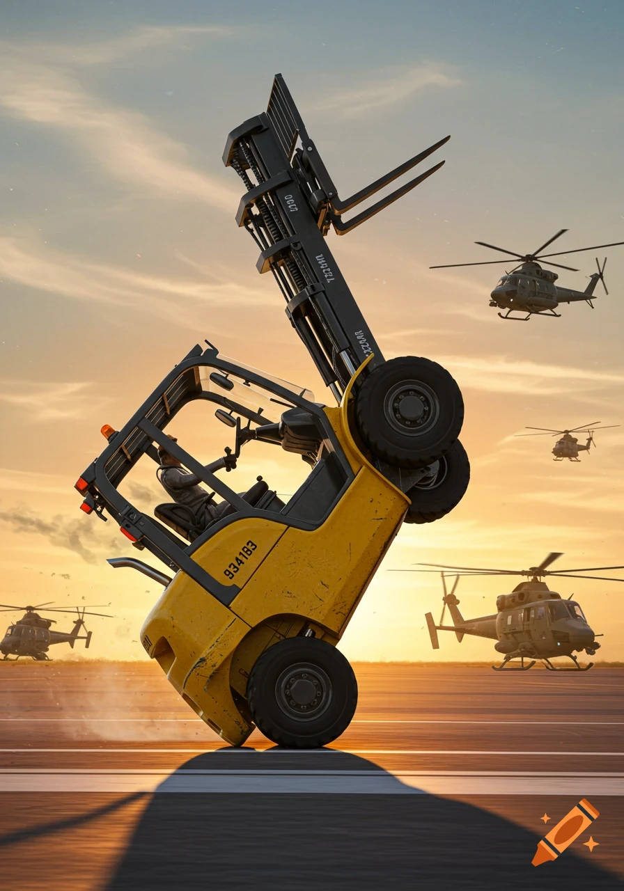 Yellow forklift doing a wheelie on an airfield with helicopters flying overhead at sunset.