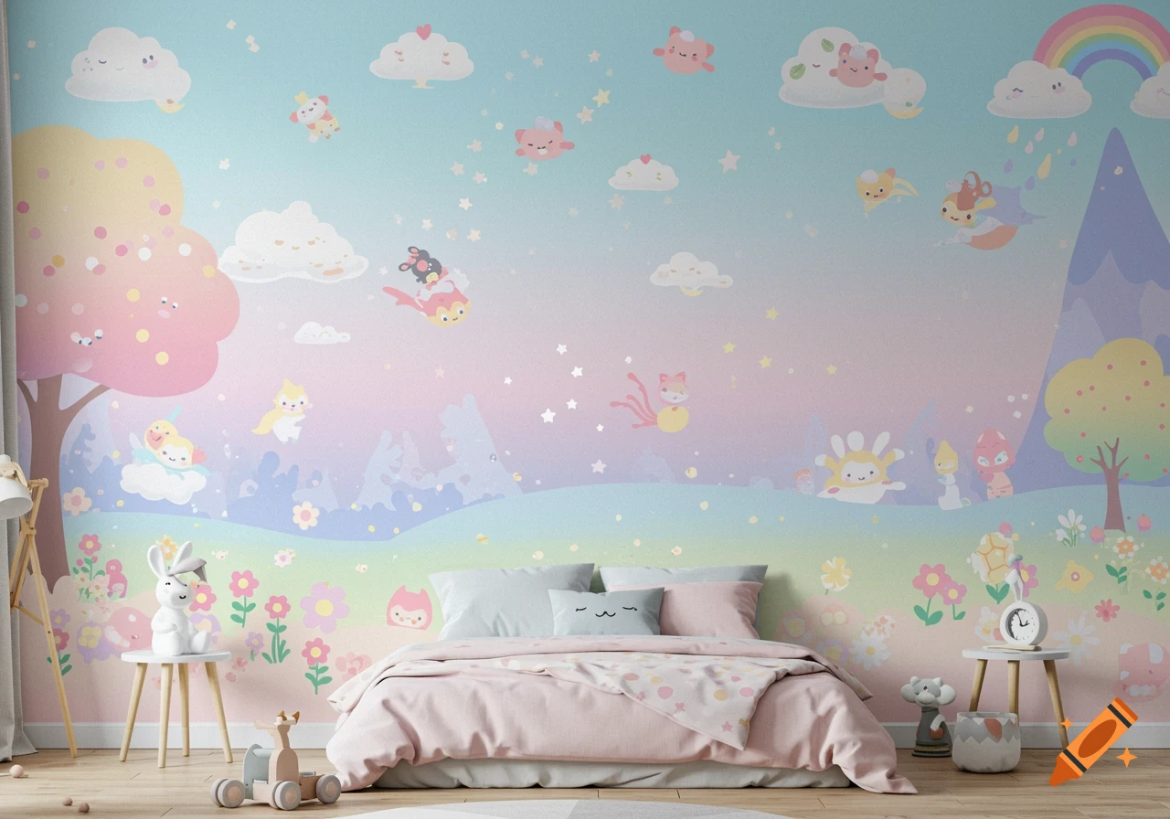 Magical cartoon landscape wallpaper with cute creatures, colorful trees, clouds, stars, mountains, and a rainbow in a child's bedroom.