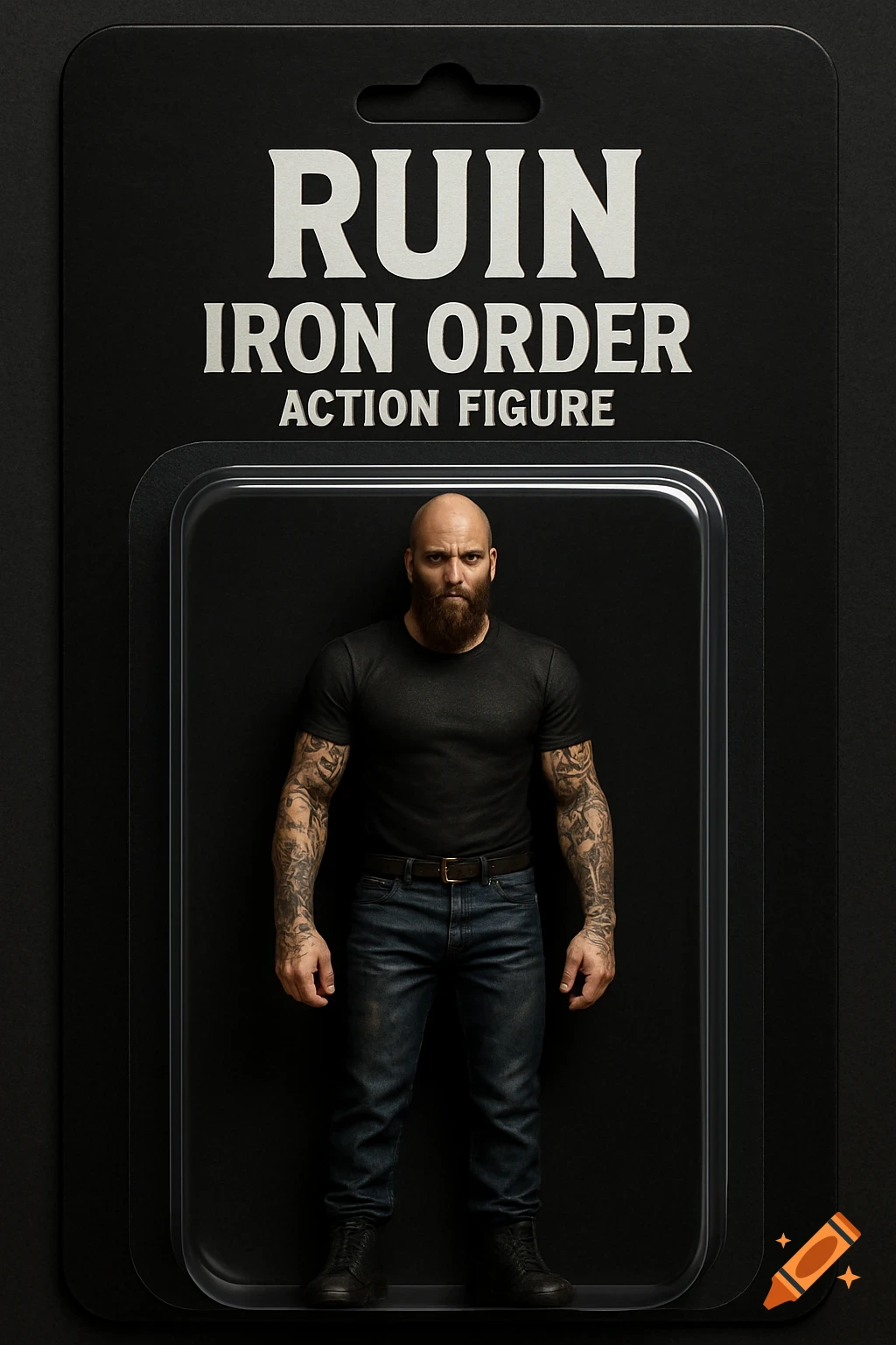 Photorealistic action figure of a bald, bearded man in black shirt, jeans, and boots, packaged on a black card.