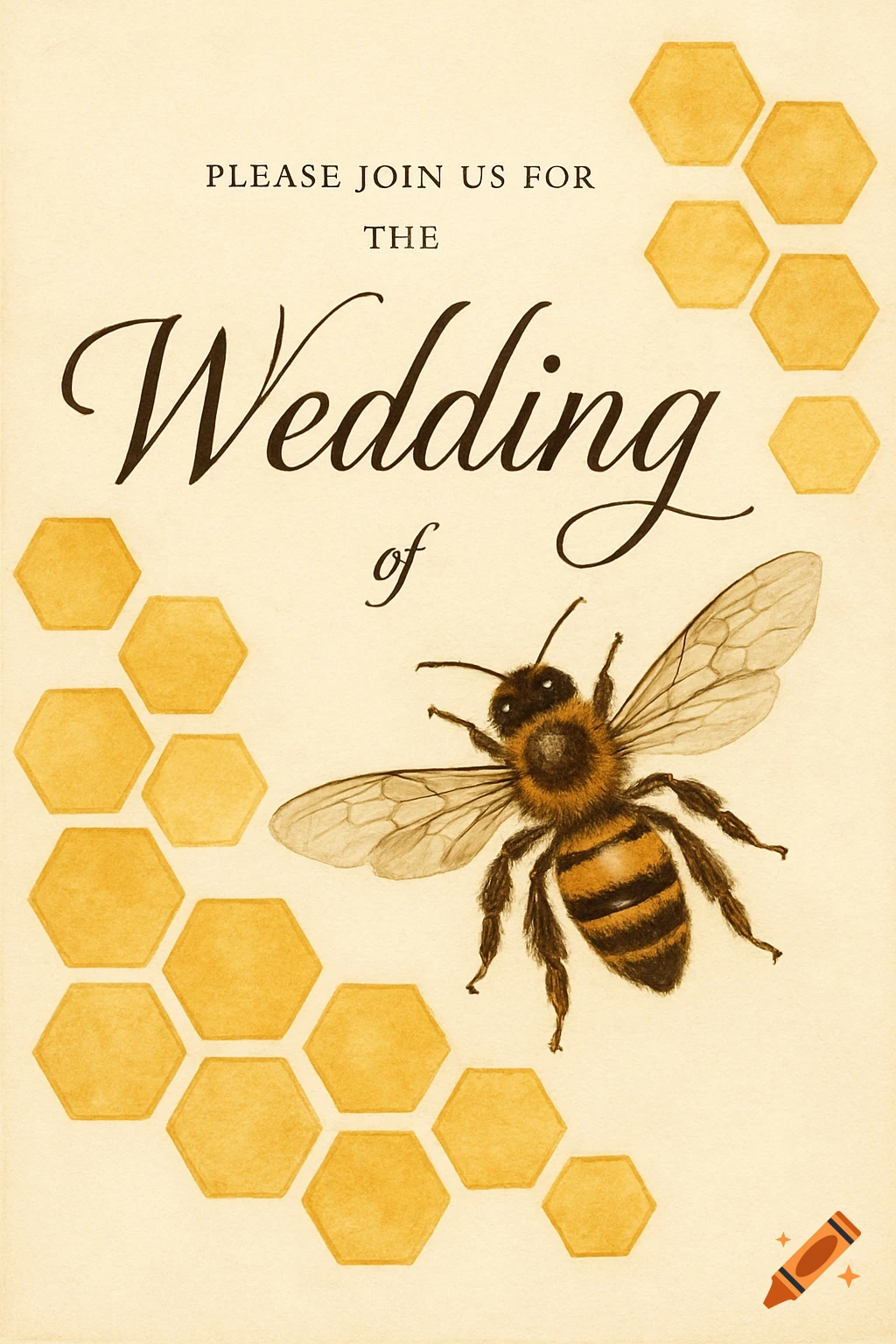 Watercolor illustration of a bee and honeycomb on a wedding invitation with text.