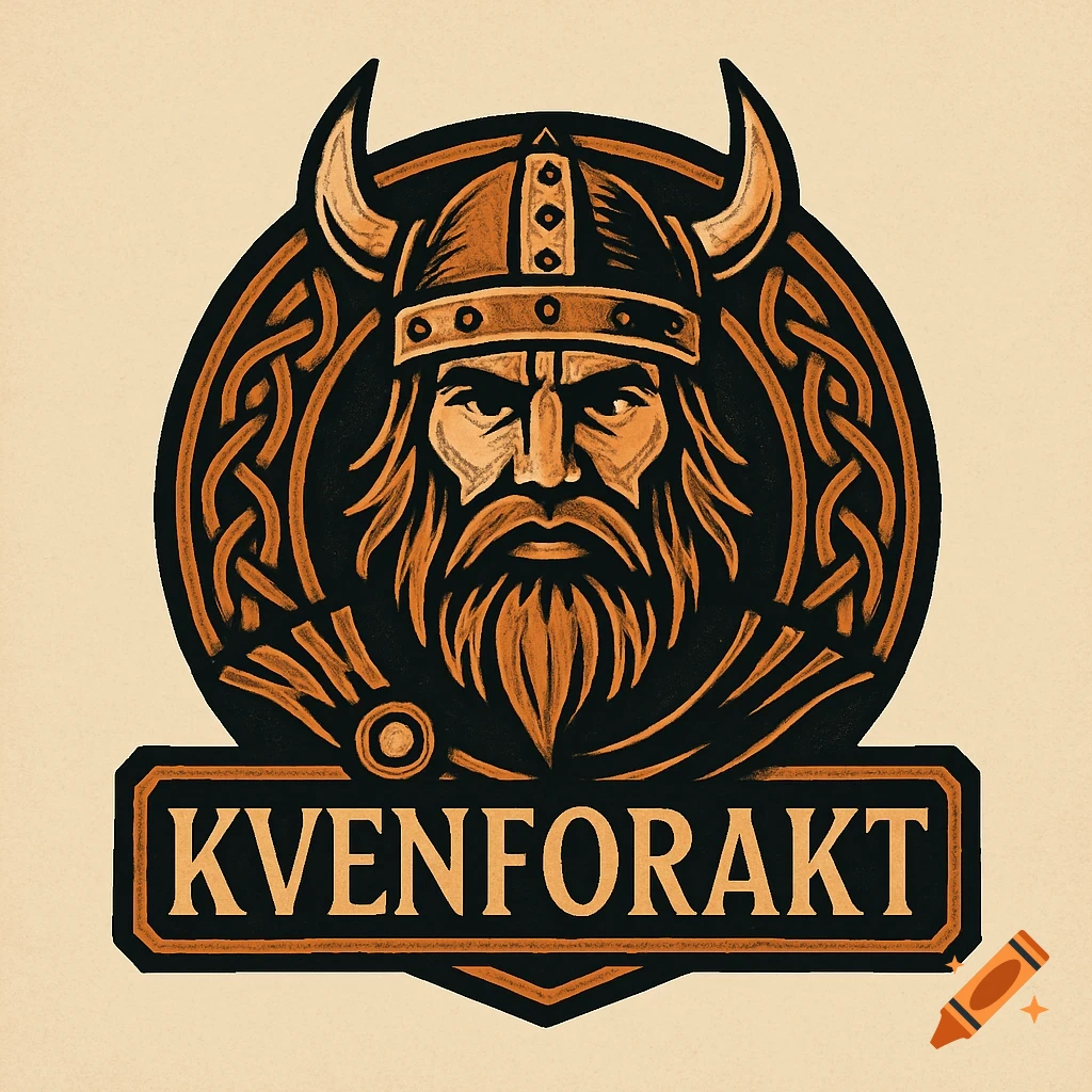 Viking face icon with horns, beard, and Celtic knotwork, with the text KVENFORAKT below. Illustration style.