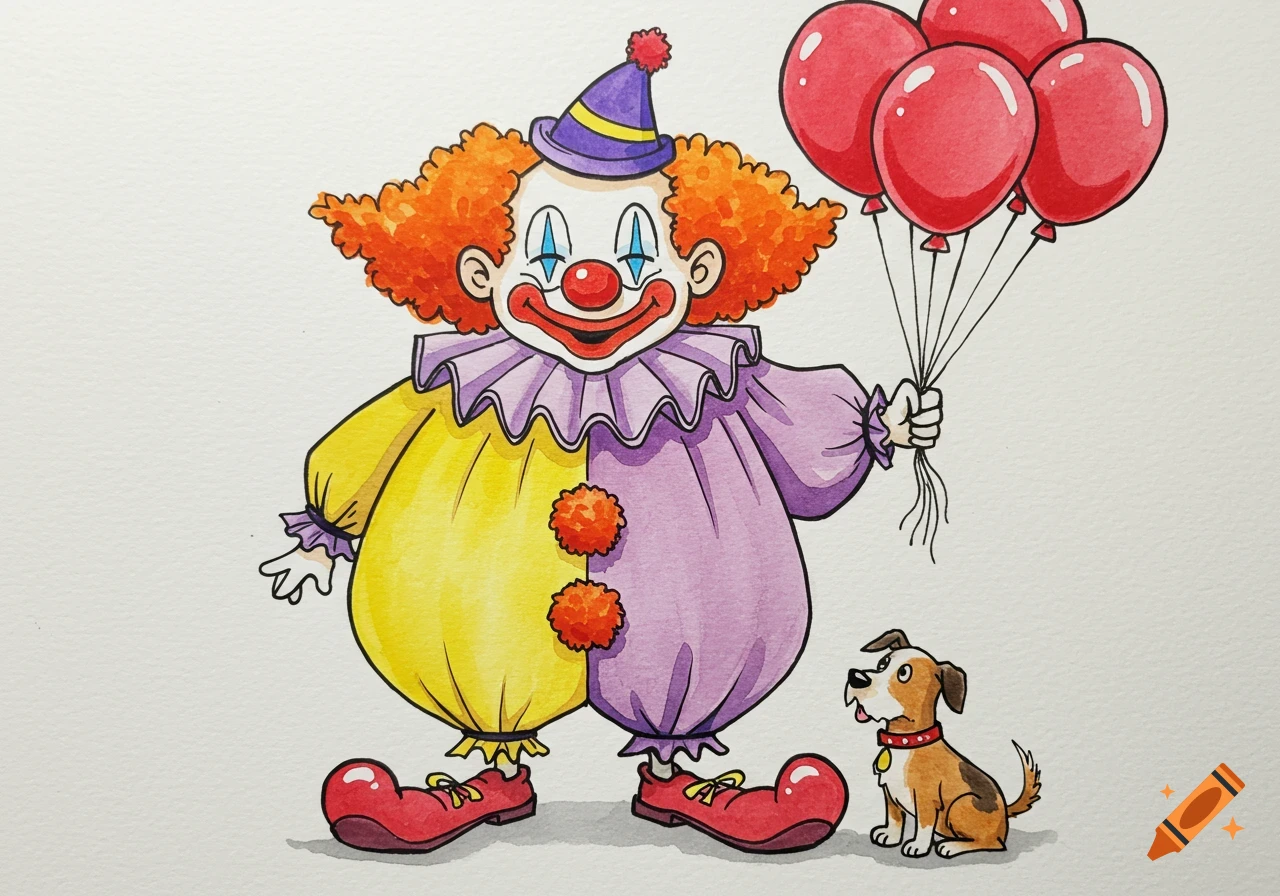 A cartoon drawing of a clown holding red balloons next to a small dog.