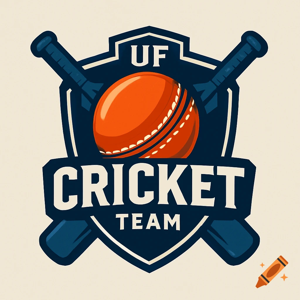 Logo for the UF Cricket Team with shield, bats, and orange ball
