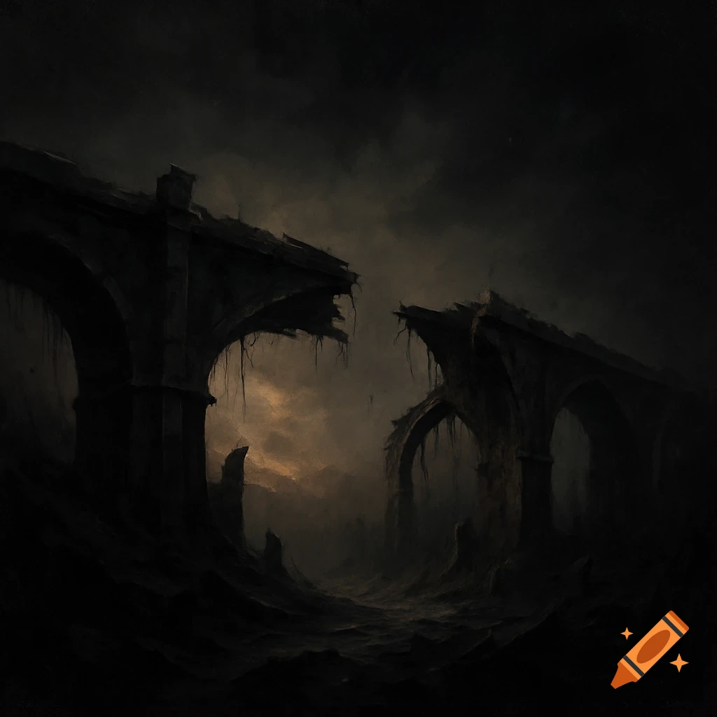 Dark, atmospheric painting of a ruined bridge structure in a misty landscape.