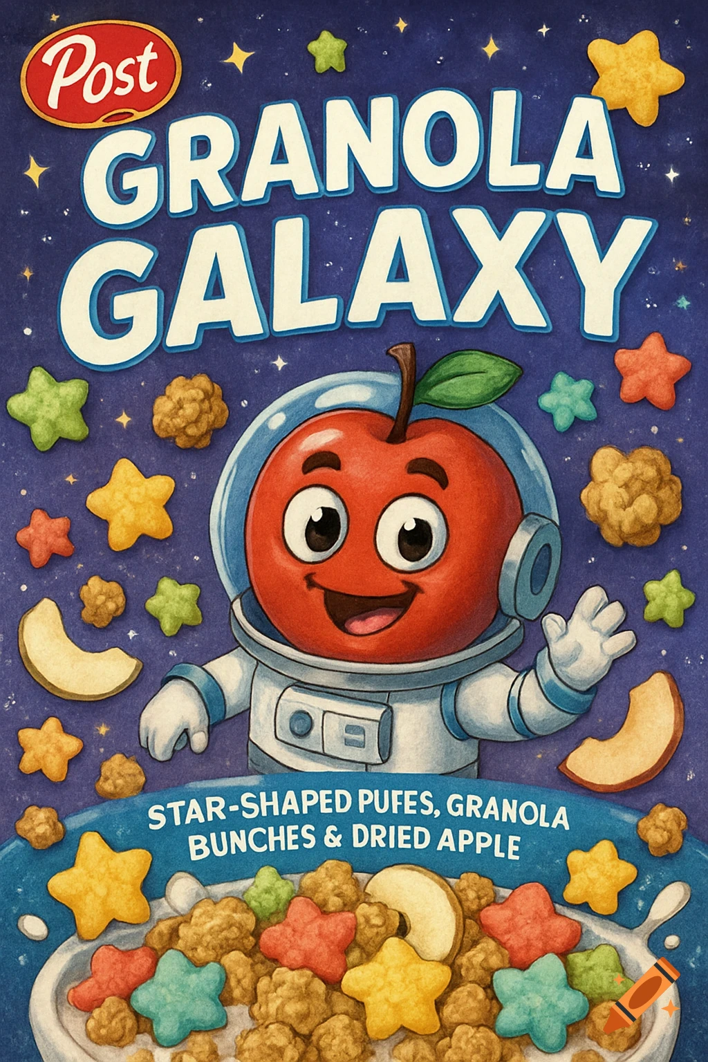 Cereal box art featuring a cartoon apple astronaut among star-shaped cereal and granola in space.