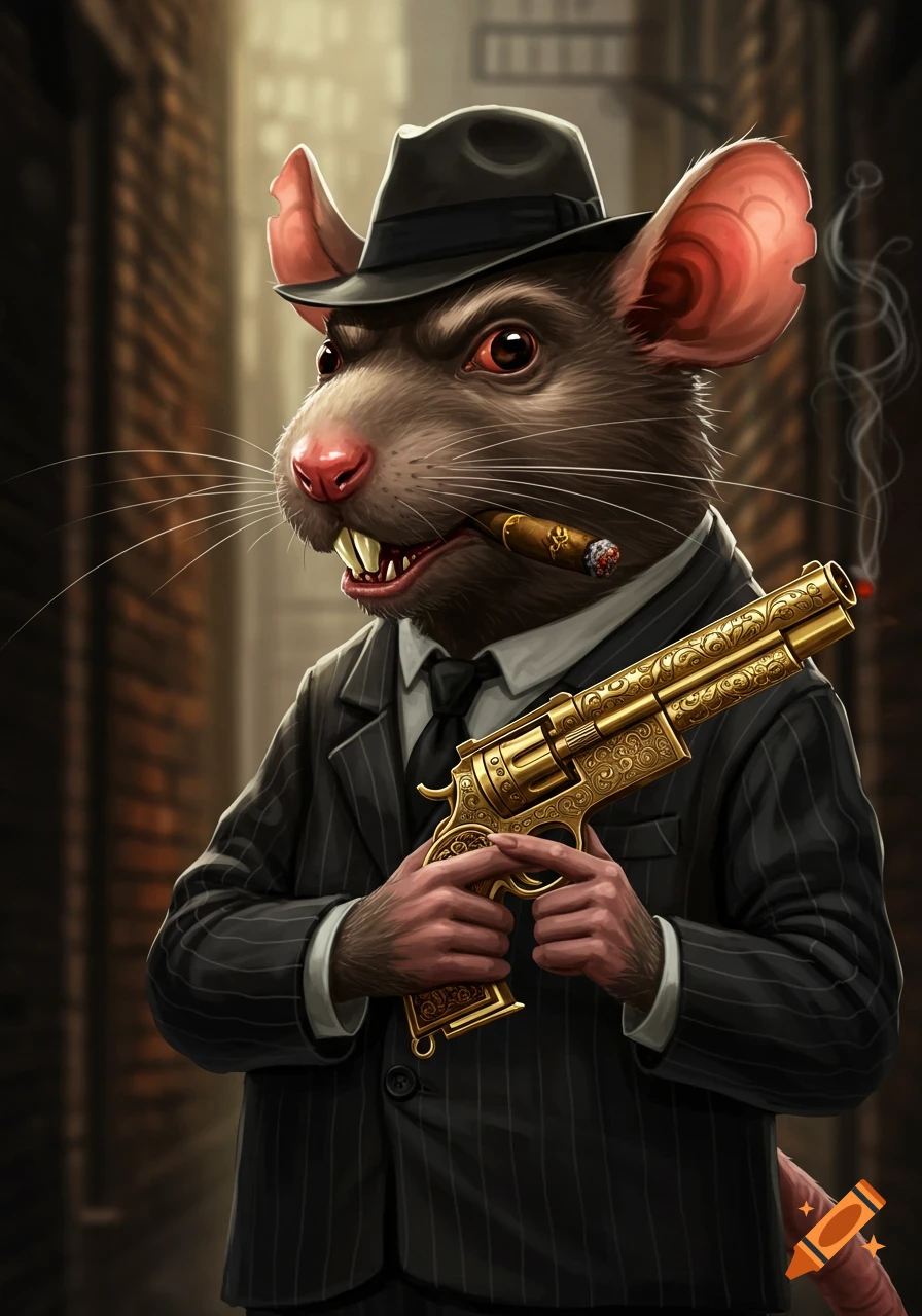 Anthropomorphic rat gangster smoking cigar and holding golden gun in city alley.