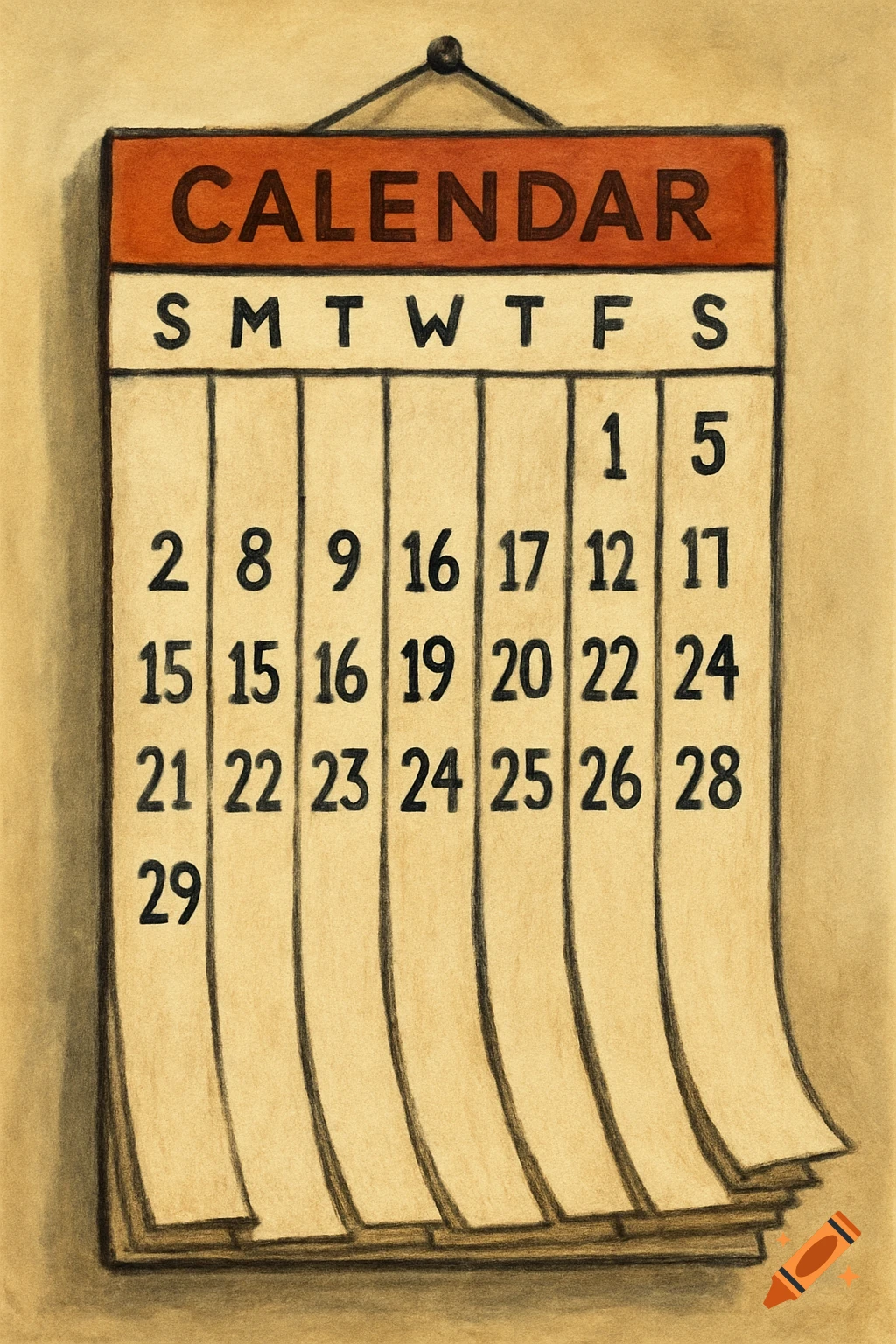Drawing of a wall calendar with dates and days