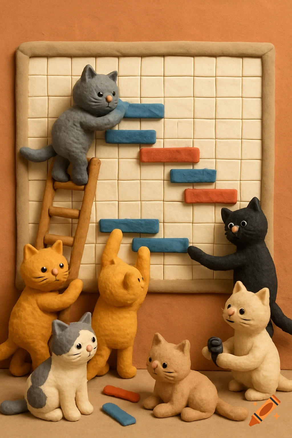 Claymation image of several cats building a chart with colorful blocks on a grid, one climbing a ladder.