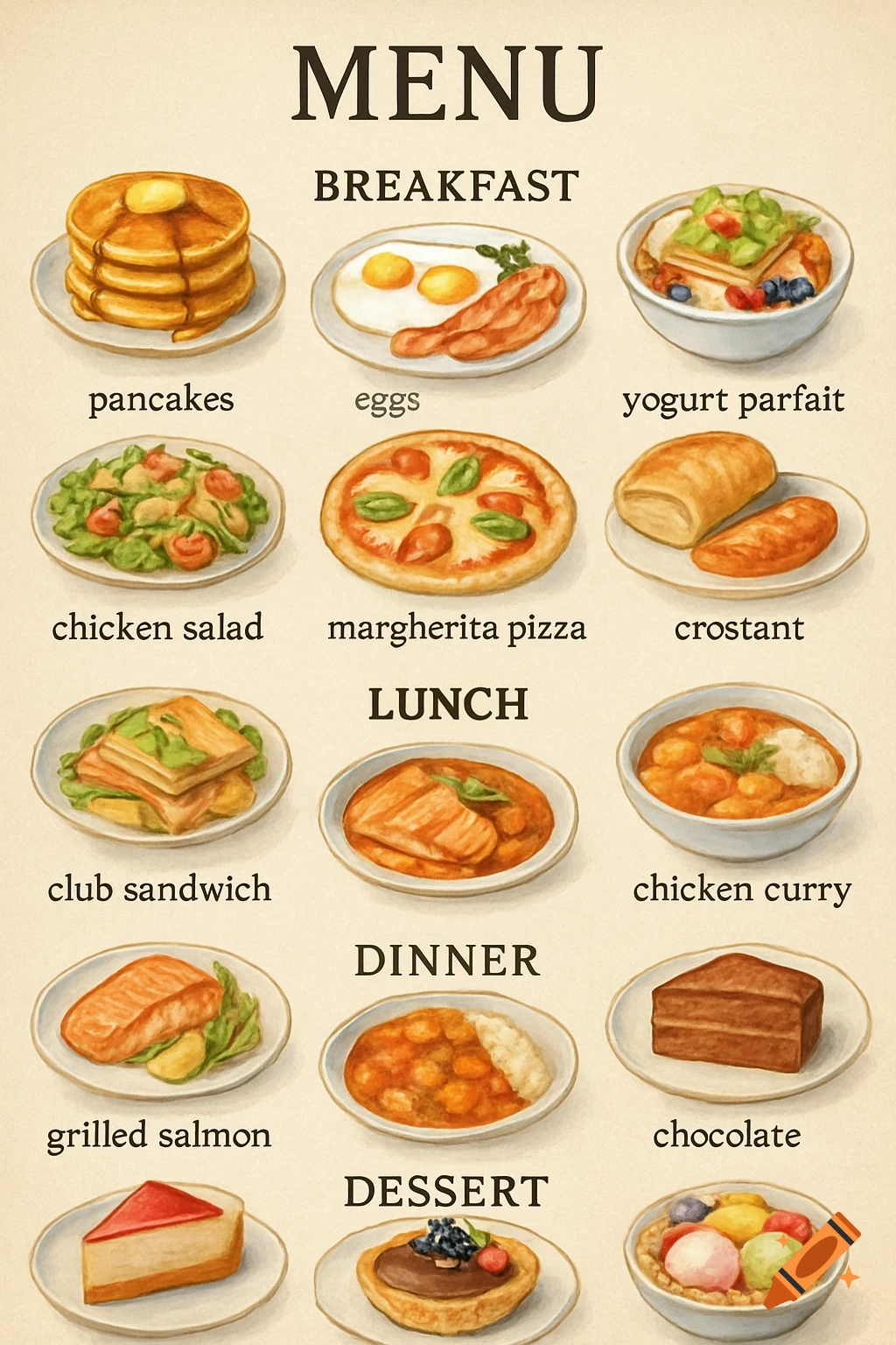 Illustrated food menu showing breakfast, lunch, dinner, and dessert ...