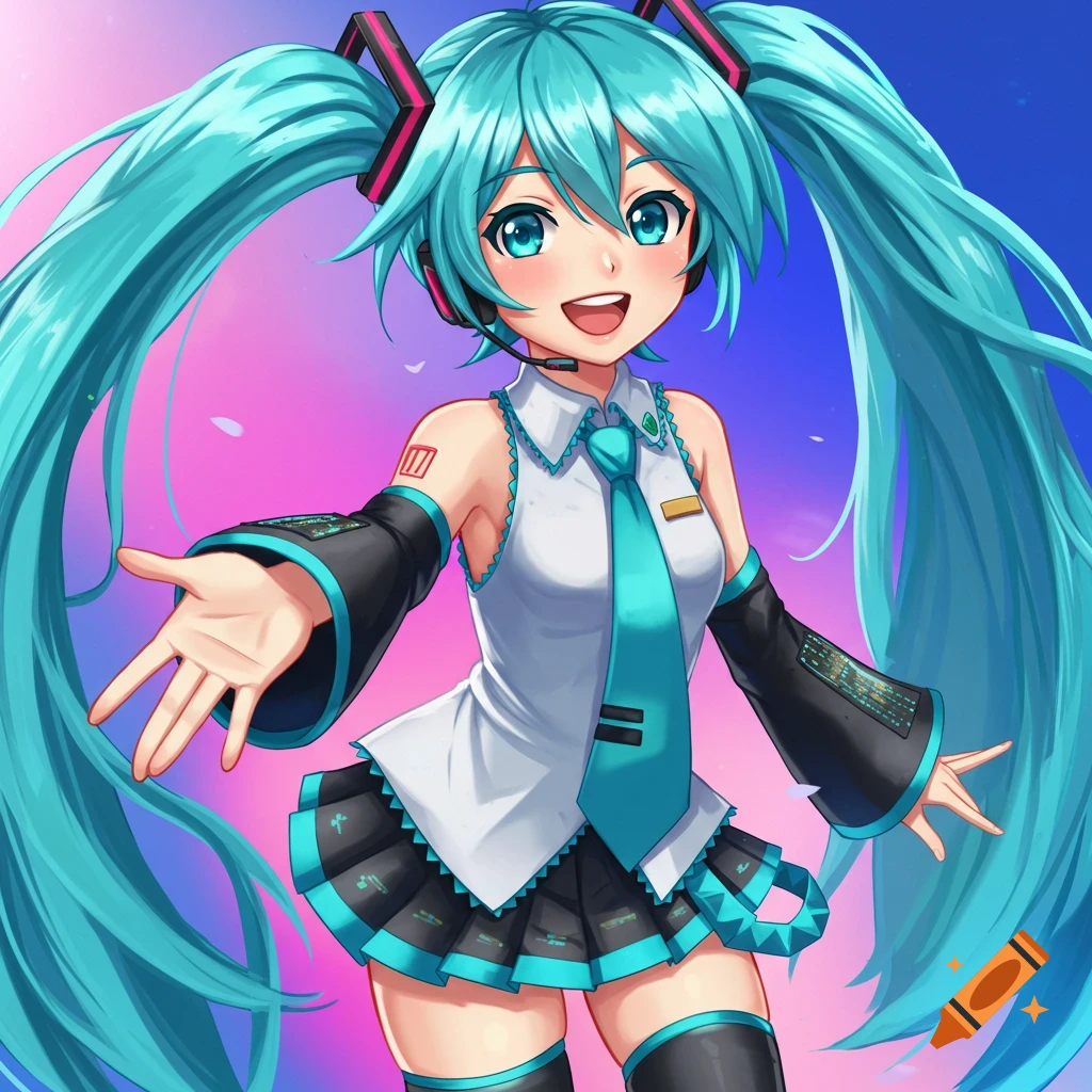 Anime girl with teal twintails smiles and holds out her hand