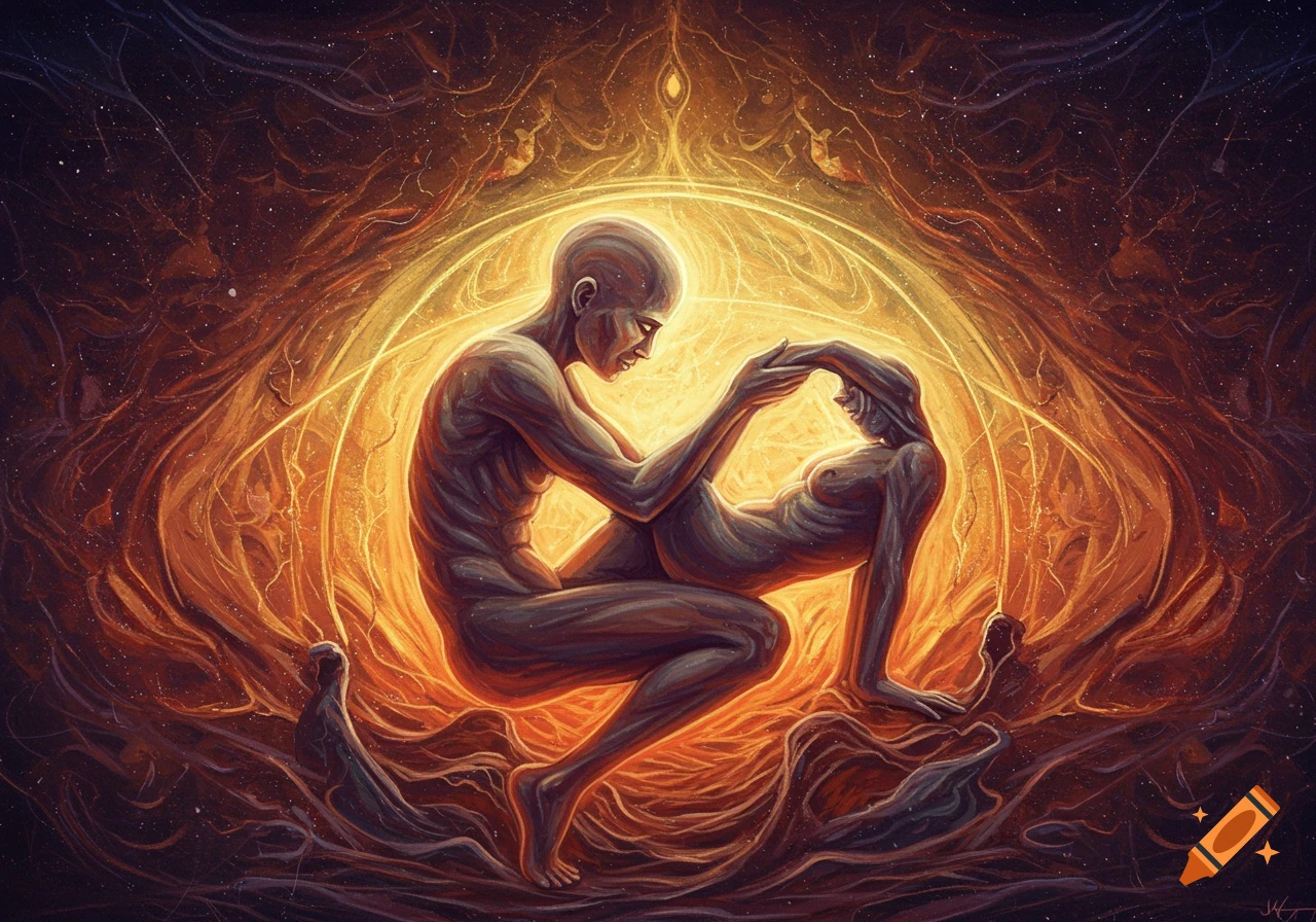 Two abstract figures in a warm, glowing embrace, surrounded by flowing energy in a spiritual art style.