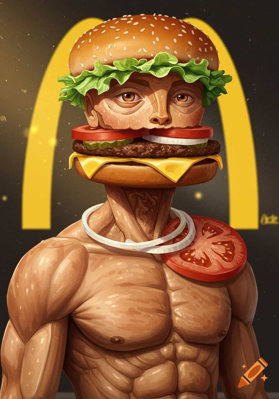 Muscular human body with a hamburger head in front of a McDonald's arch.
