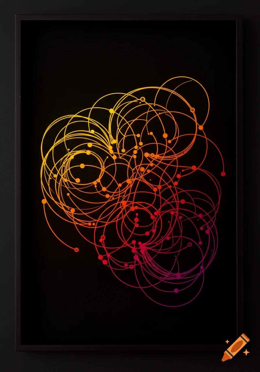 Abstract geometric network of swirling lines and dots in a gradient from yellow to purple against a black background.