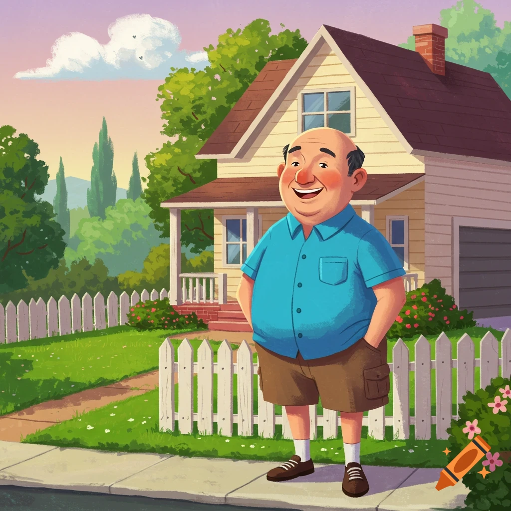 Illustration of a smiling bald man standing in front of a house
