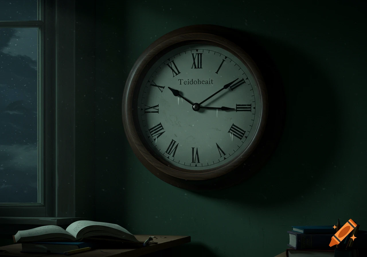 Illustration of a clock at midnight in a dark room with a book and window.