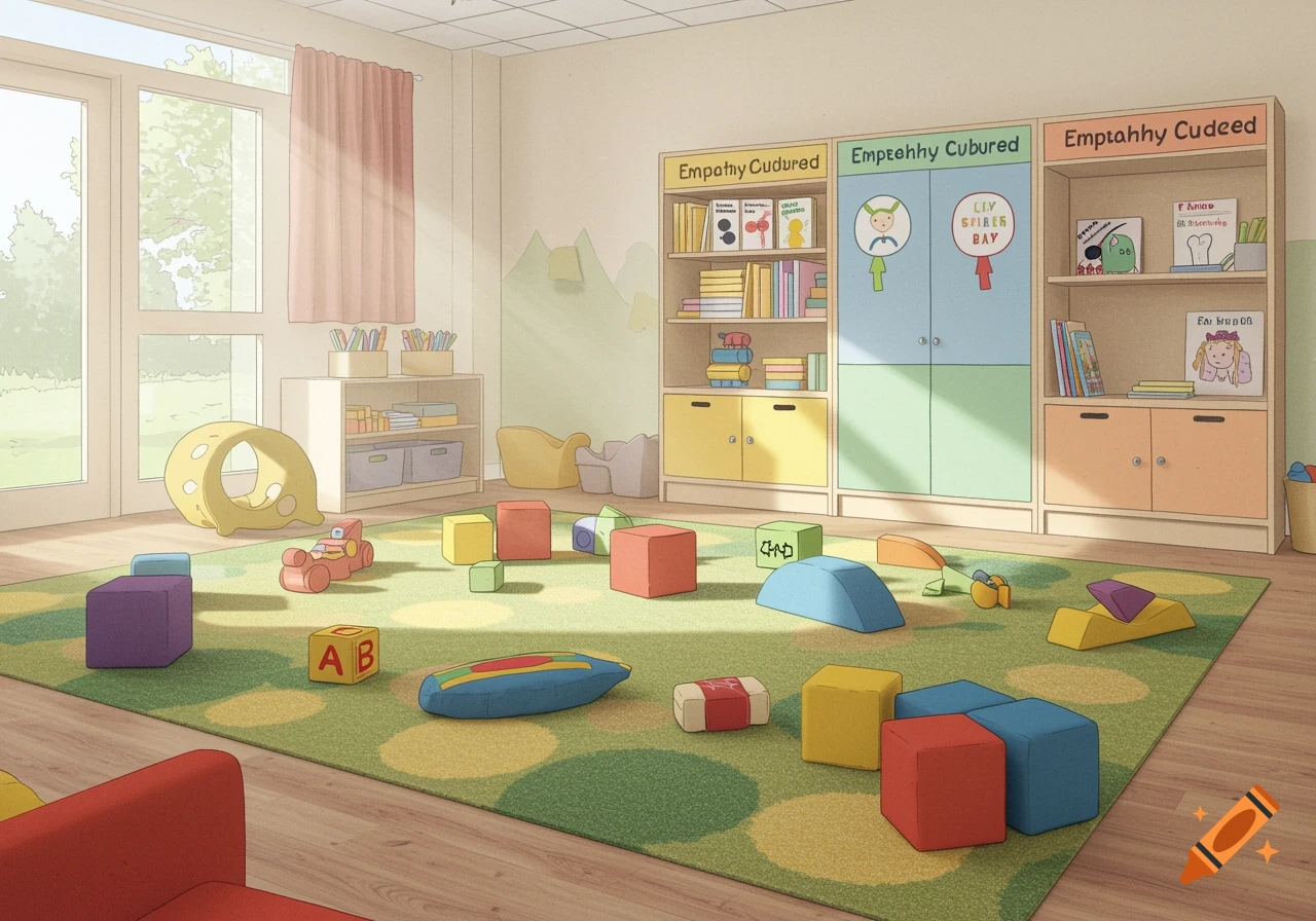 Colourful playroom with rug, toy blocks, shelves, and large windows.