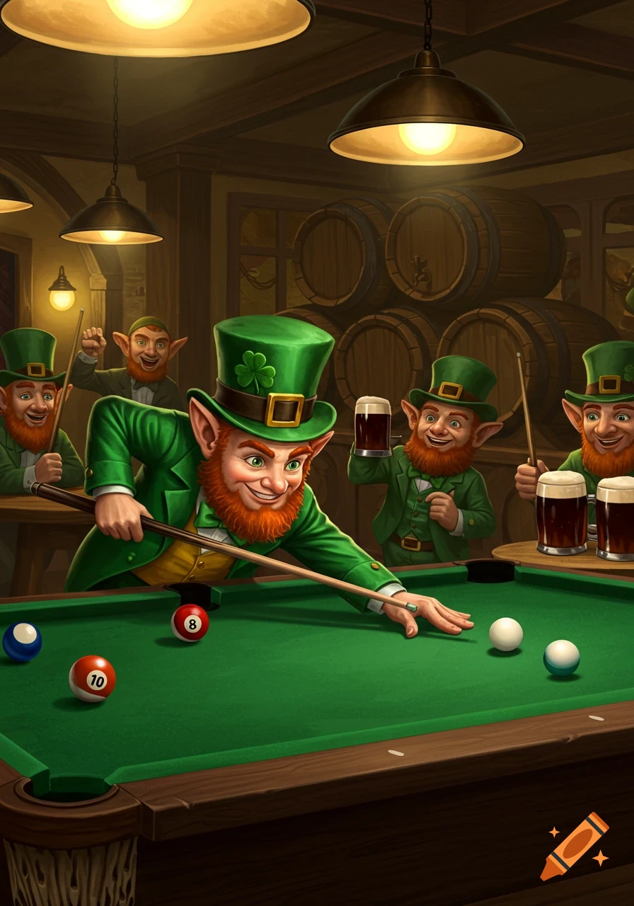 Leprechauns playing pool in a pub