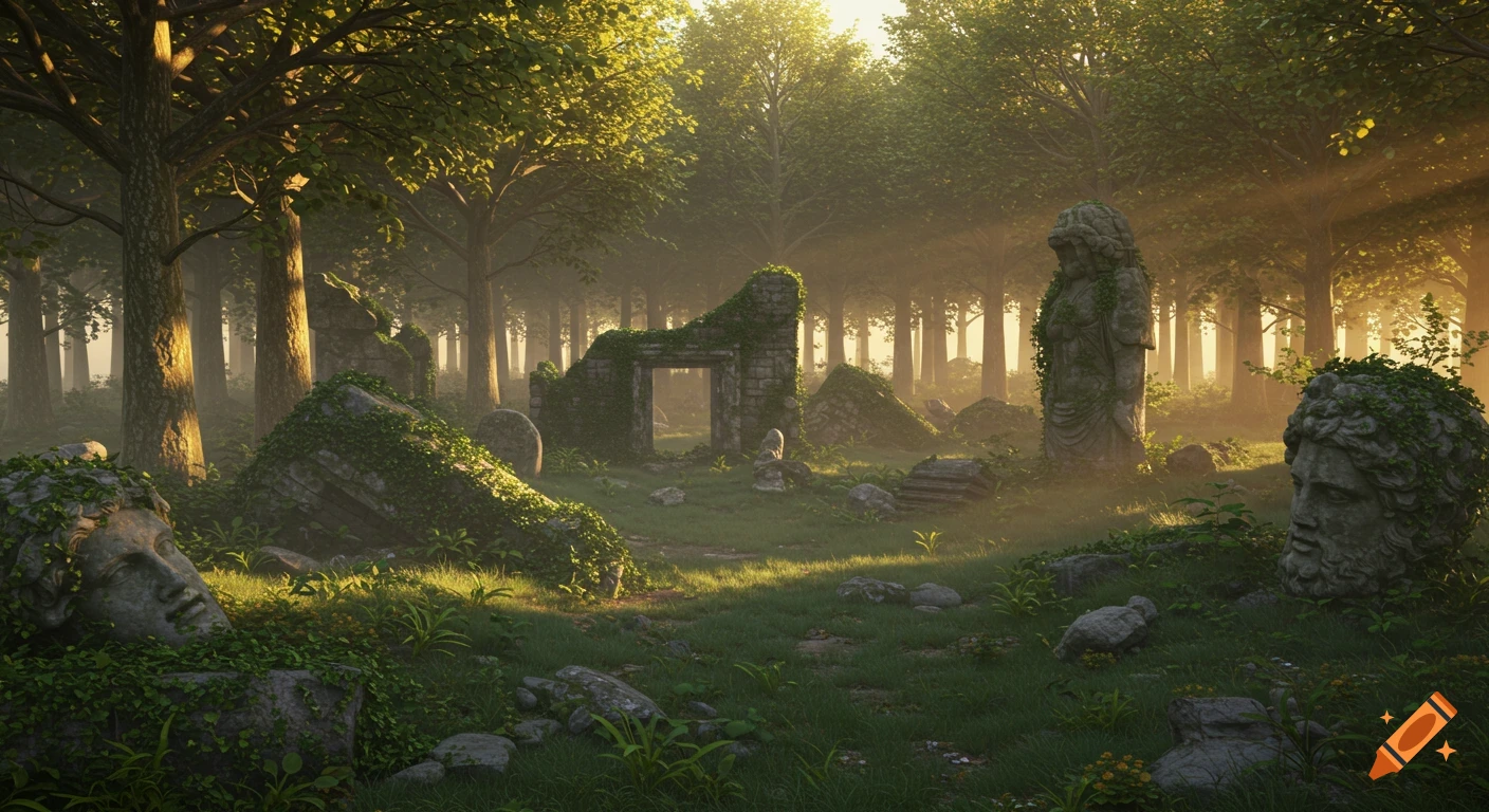 Ancient ruins and moss-covered statues in a sunlit forest with mist, realistic render.