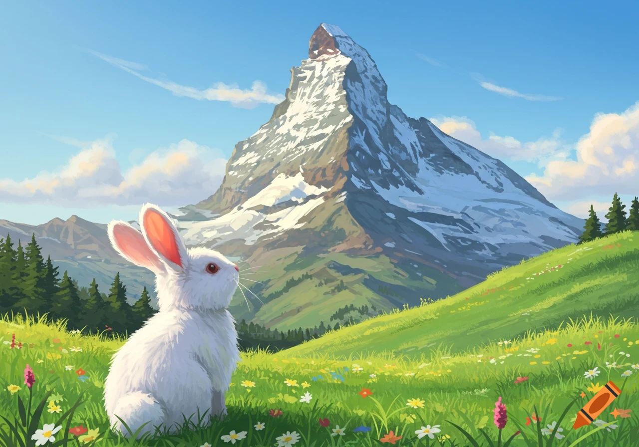 An illustration of a white rabbit sitting in a field of flowers ...