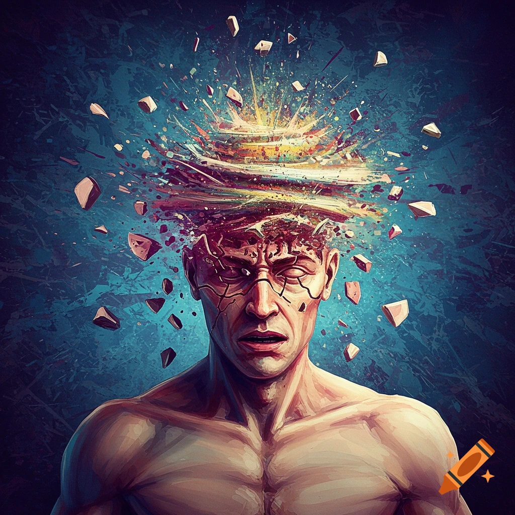 Stylized painting of a man's head exploding into light and fragments