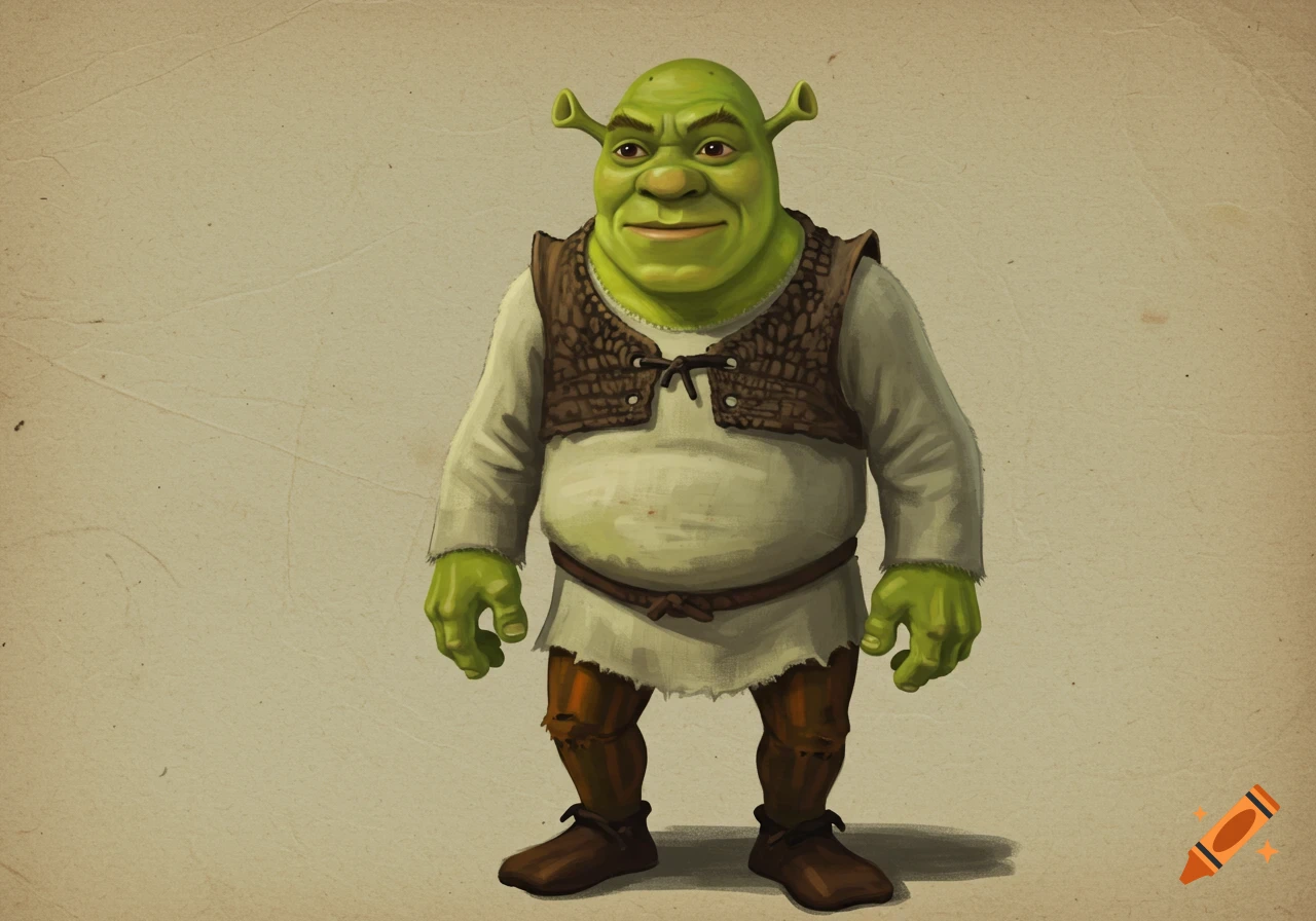 Painted illustration of the character Shrek standing.