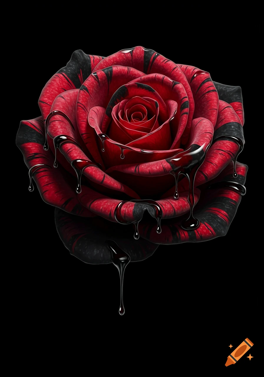 Red and black rose with dripping liquid on black background.