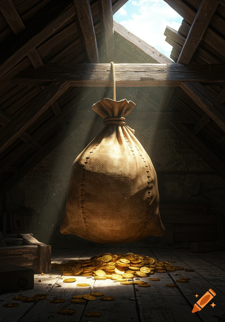 A large bag hangs from a beam in an attic with a pile of gold coins below, lit by sunlight from above.
