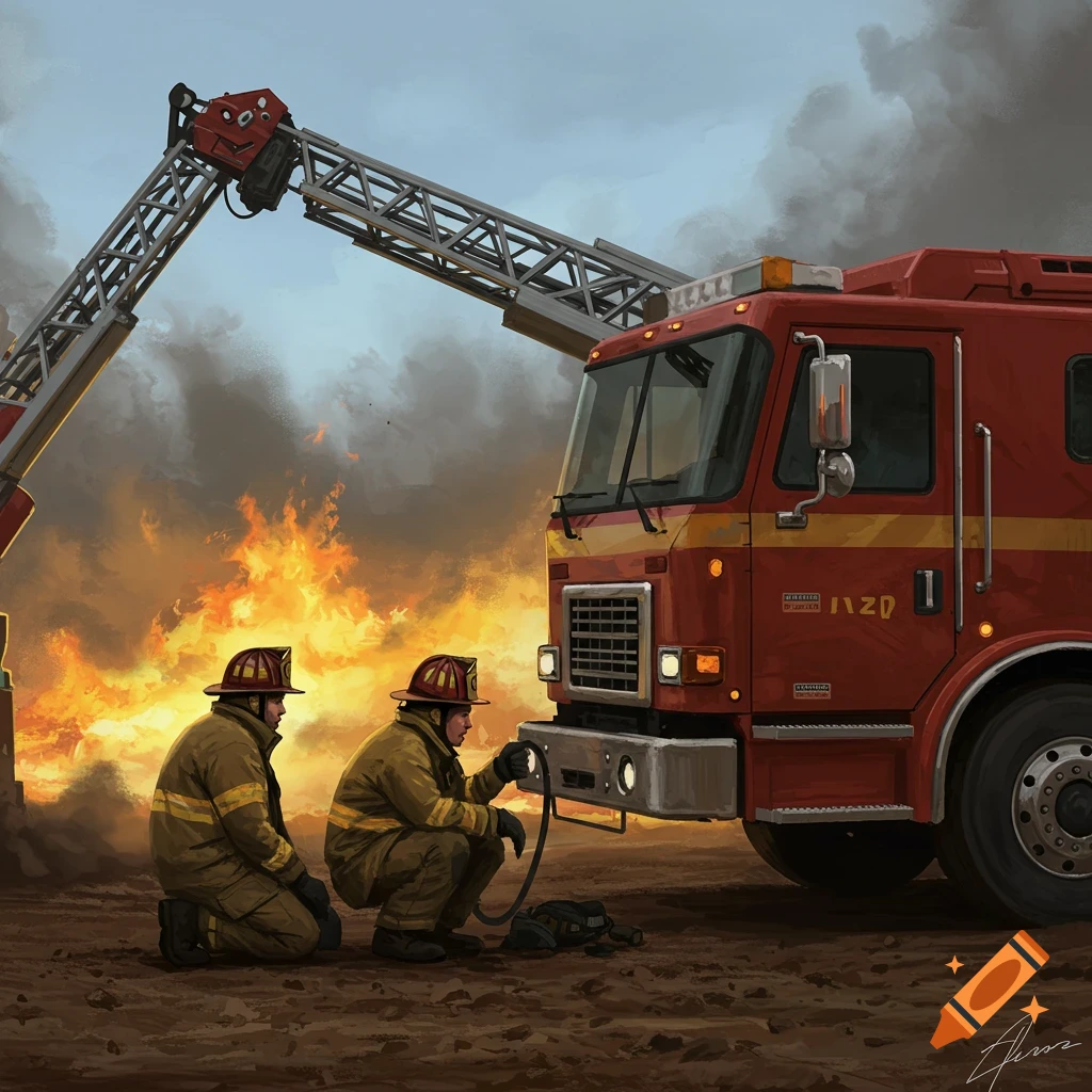Two firefighters kneel beside a fire truck with its ladder raised, facing a large fire in a digital painting style.