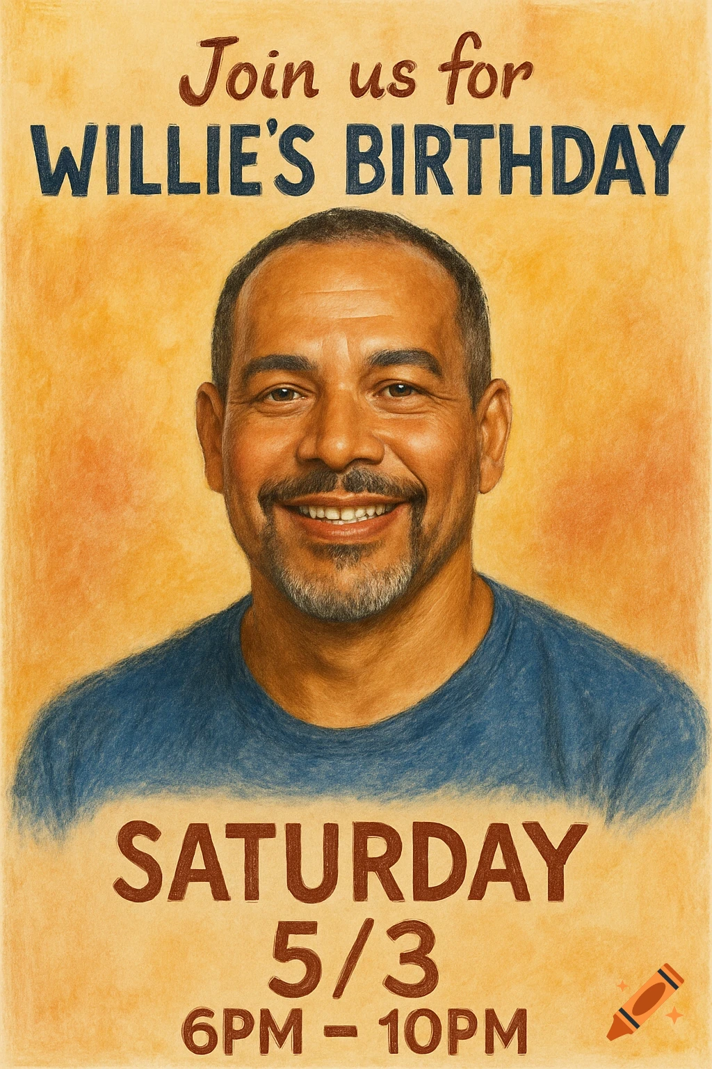 Colored pencil style portrait of a man on a birthday invitation poster.