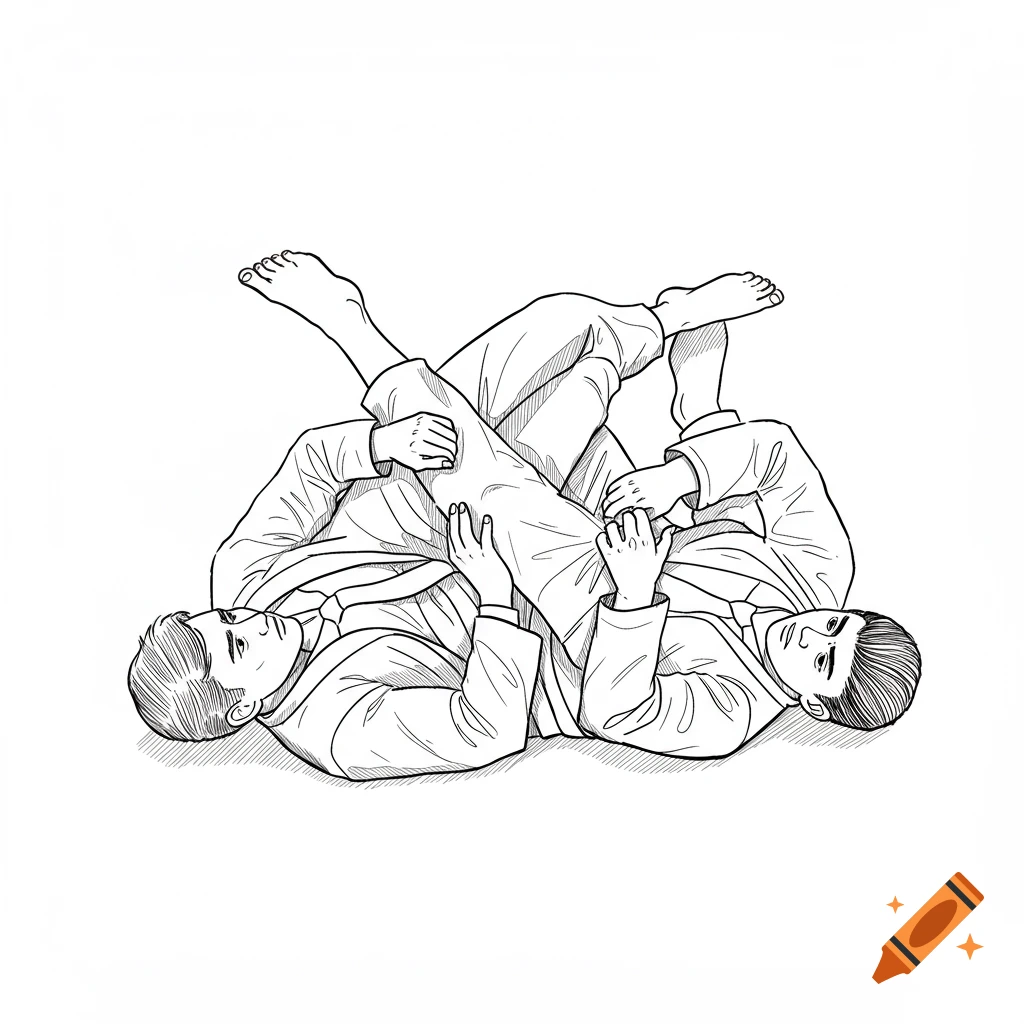 Line drawing of two people in suits doing a jiu-jitsu technique.