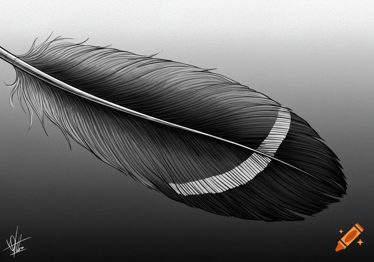 Black and white drawing of a feather