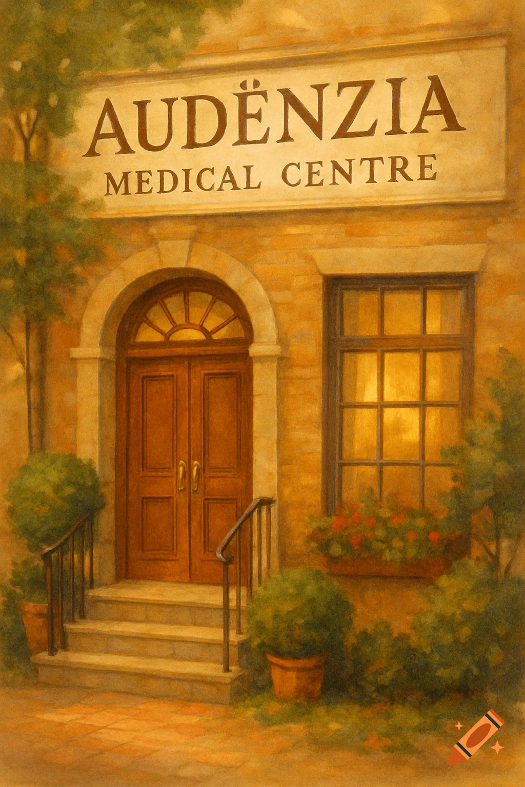Painting of a medical centre facade with a sign, arched door, window, and potted plants.