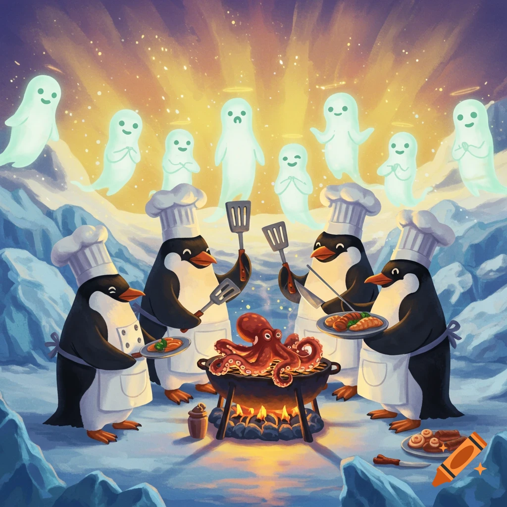 Cartoon penguins in chef hats grill an octopus for floating ghosts in a snowy landscape.