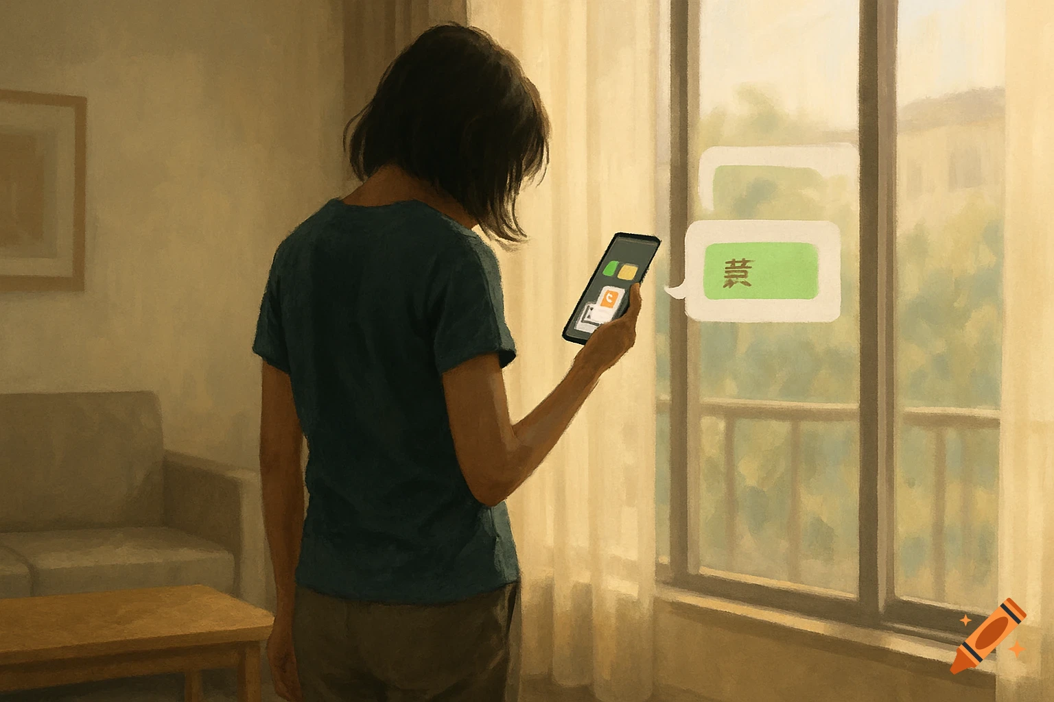 A person stands near a window in a room looking at a mobile phone, with chat bubbles floating beside the window. The image has a painterly style.