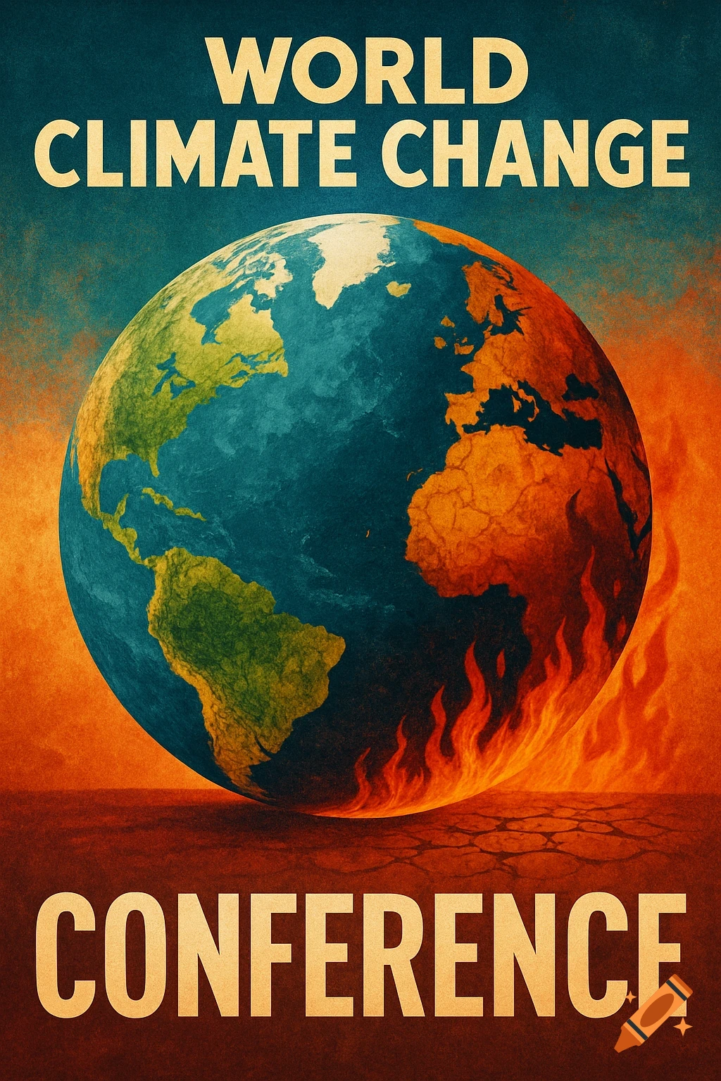 Poster for World Climate Change Conference showing the Earth engulfed in flames.