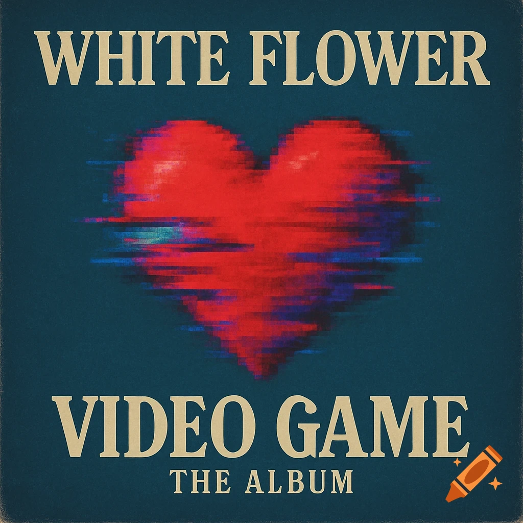 Album cover with 'WHITE FLOWER VIDEO GAME THE ALBUM' text and a glitching red heart