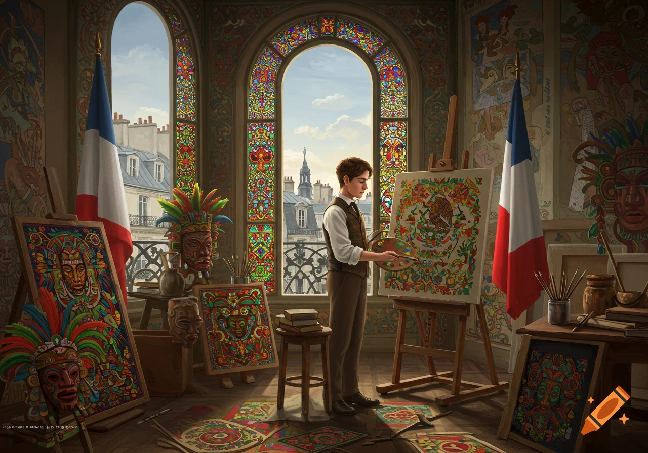 A young artist paints colorful Mexican folk art in a studio with stained glass windows overlooking Paris.