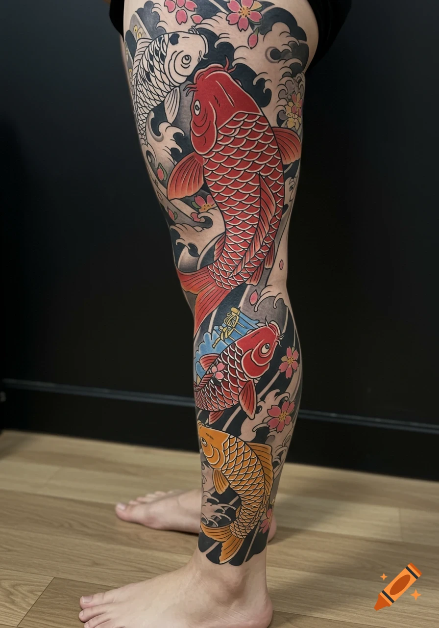 Large Japanese-style leg tattoo of red, white, and orange koi fish swimming in waves with cherry blossoms.