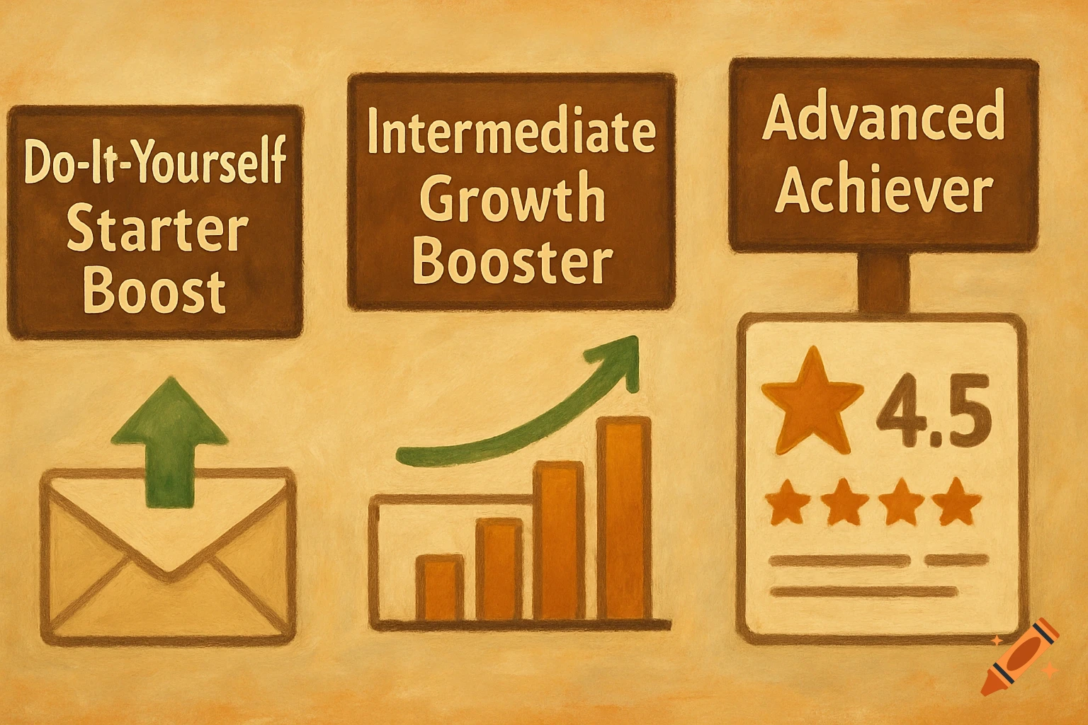 An illustration depicting three tiers: Do-It-Yourself Starter Boost with an envelope icon, Intermediate Growth Booster with a bar chart icon, and Advanced Achiever with a 4.5 star rating icon. The style is a painterly texture.