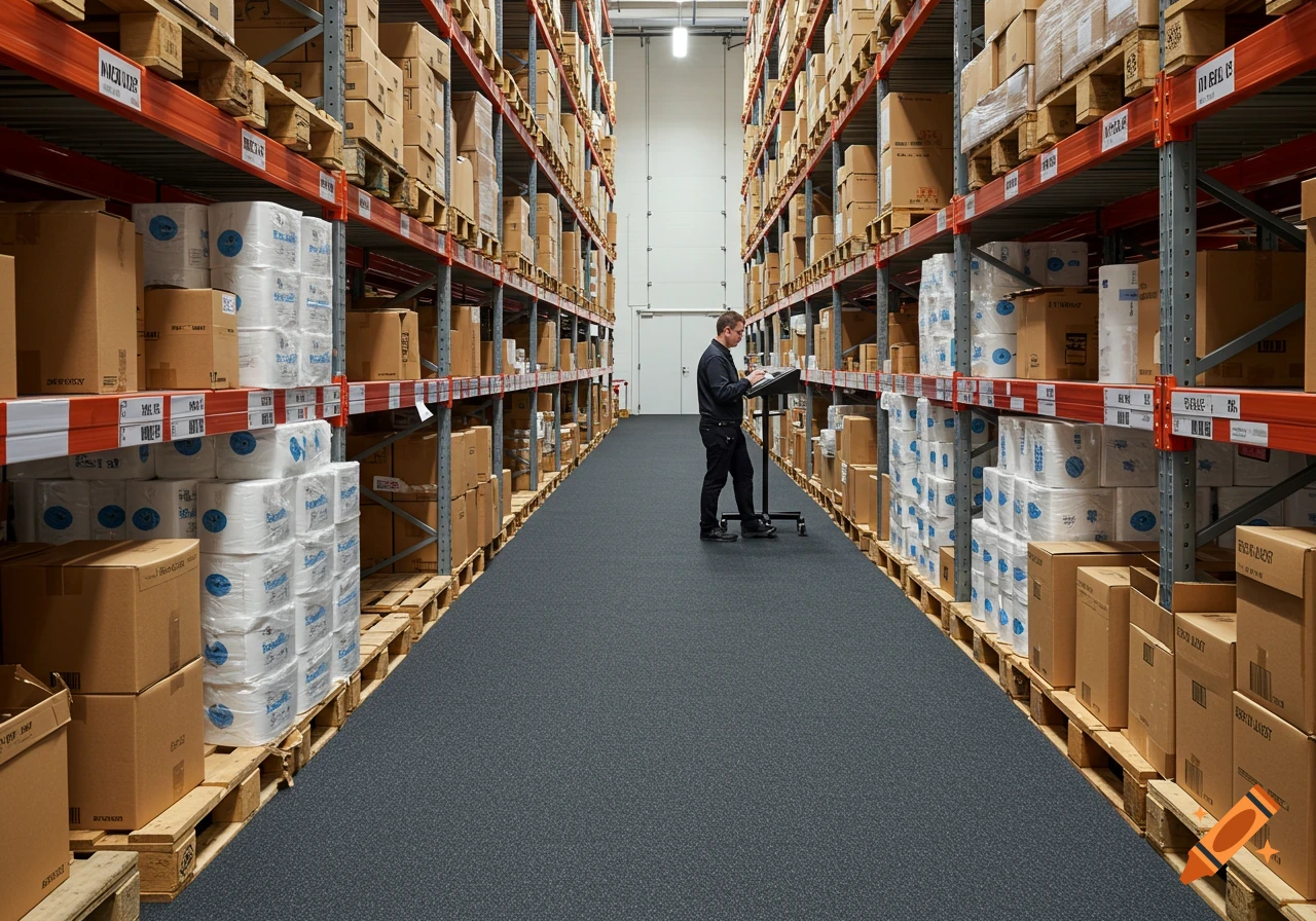 A man stands in a large warehouse aisle with shelves full of boxes and toilet paper.