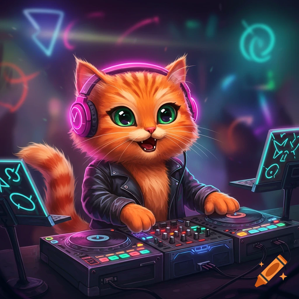 Cartoon cat DJing in a neon-lit club wearing headphones and a leather jacket.