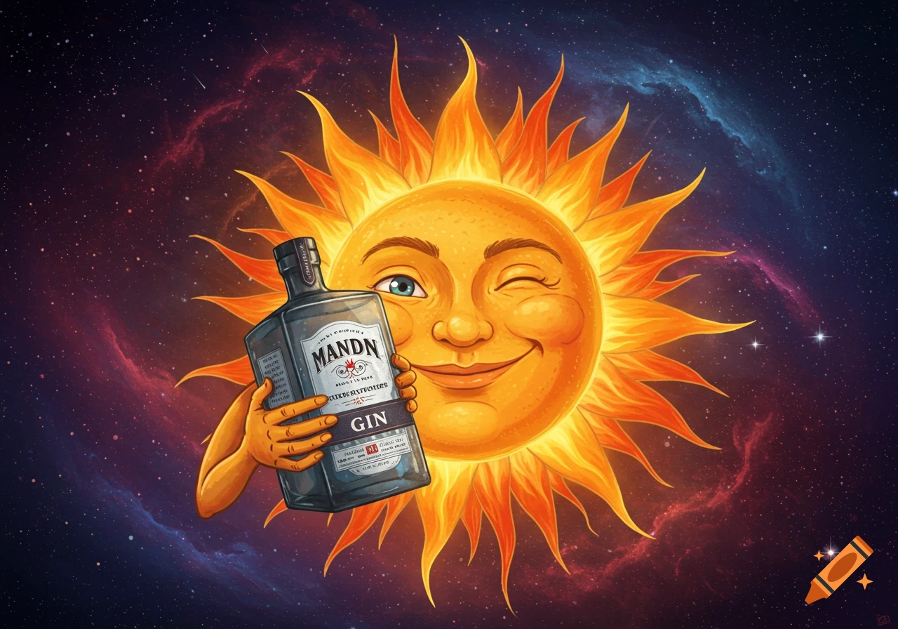 Cartoon sun character holding a bottle of gin in space.