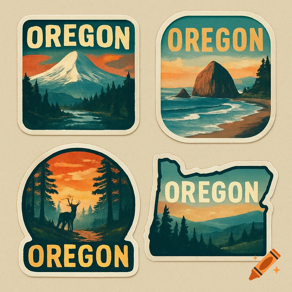 Four Oregon sticker designs: mountain, coast, forest with deer, and state map outline with landscape.