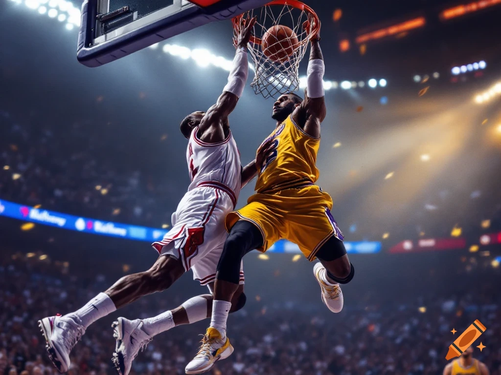 Two basketball players, one in white, one in gold, jumping to dunk a basketball in a stadium.