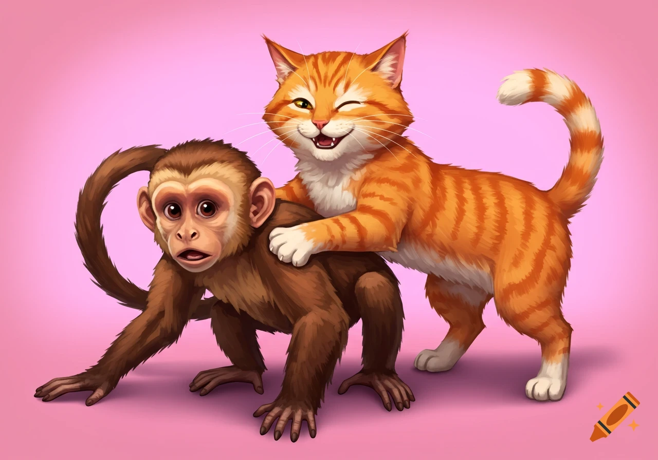 An illustration of an orange cat standing on a monkey's back