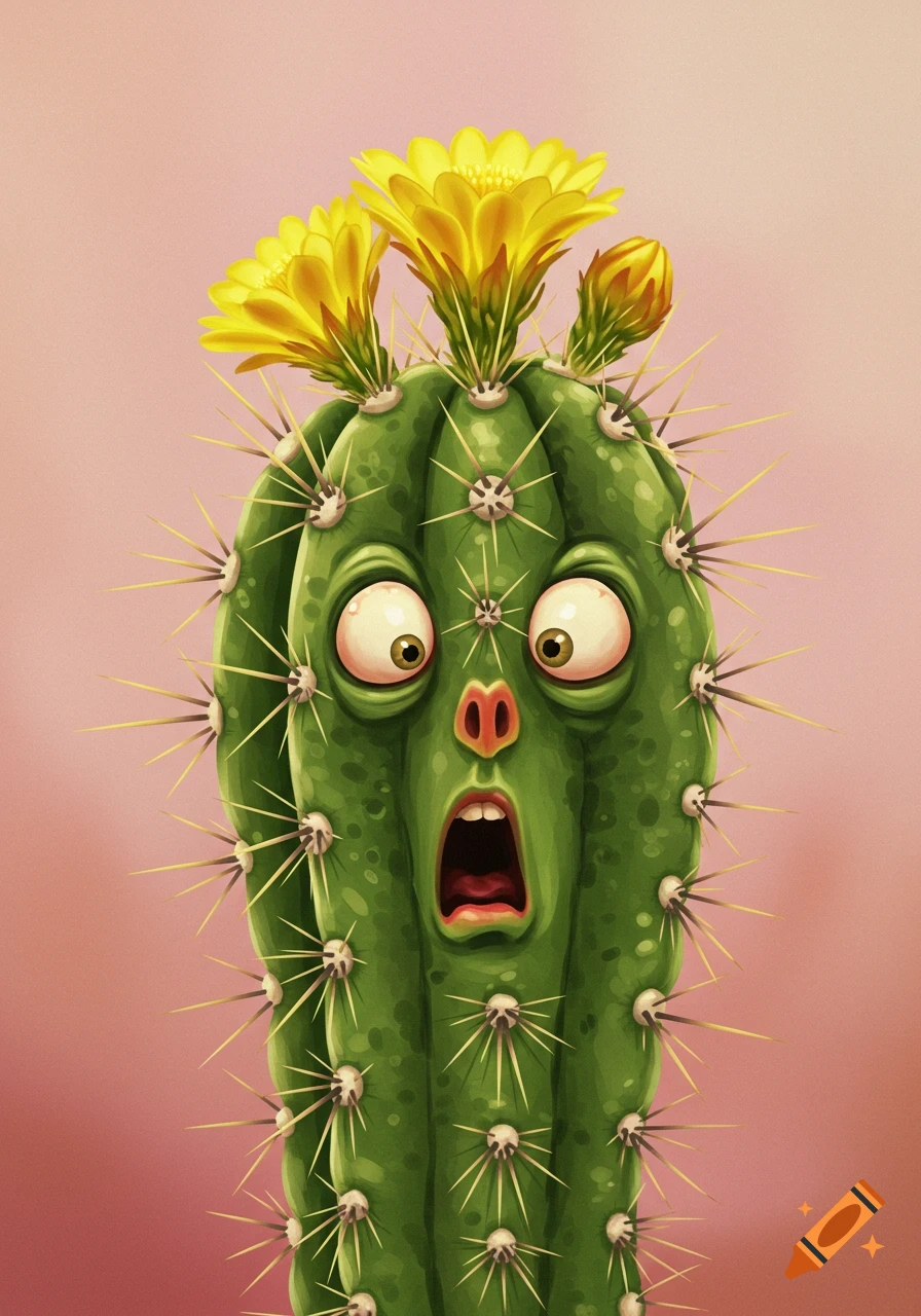 Cartoon illustration of a shocked green cactus with wide eyes, open mouth, and yellow flowers on top.
