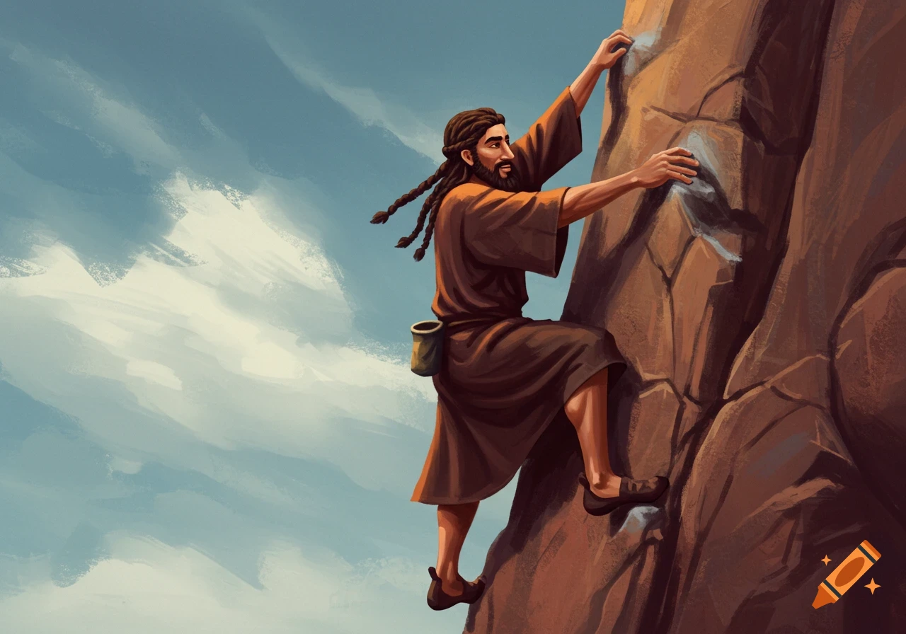 An illustration of a man with a beard and braids climbing a rocky cliff face against a cloudy sky.