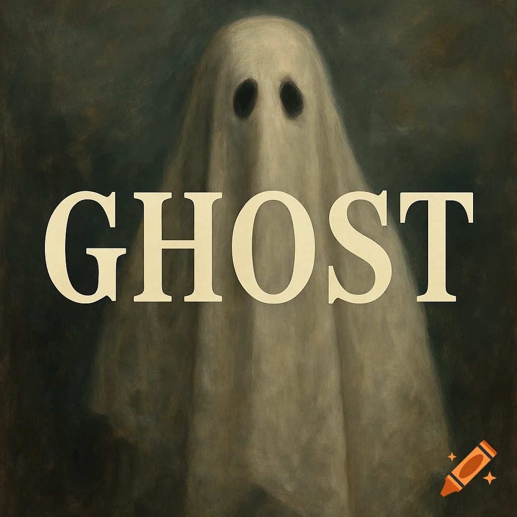 A dark, painted image of a ghost figure made from a sheet, with black eye holes. The word GHOST is written across the center.