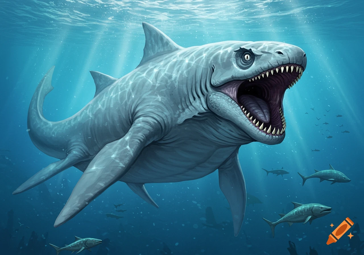 Illustration of a giant aquatic dinosaur with layered teeth swimming underwater.