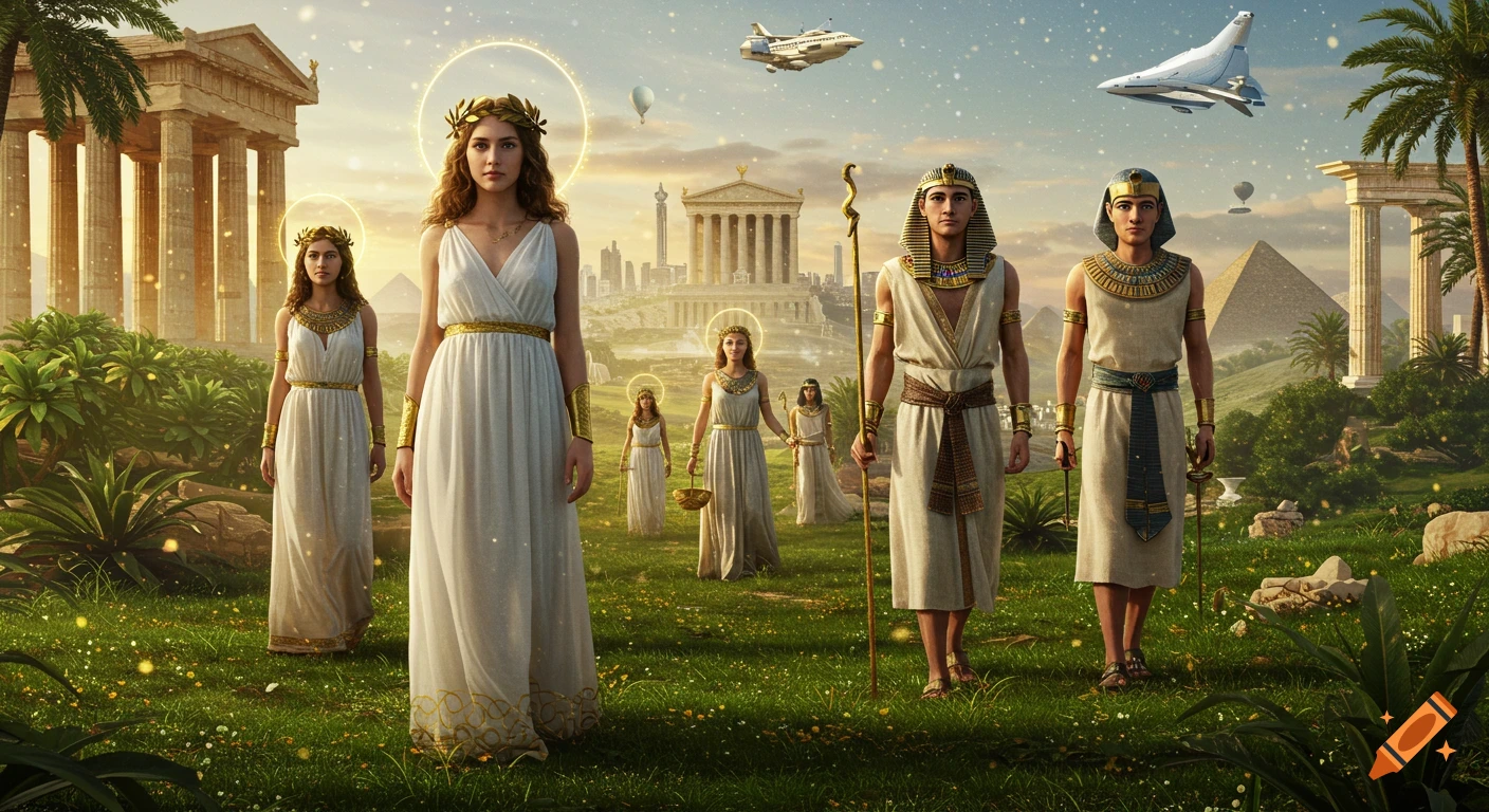 Photorealistic image of Greek goddesses and Egyptians in a field with ancient ruins, a modern city, and futuristic ships.